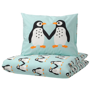 BLÅVINGAD Duvet cover and pillowcase, penguin pattern/light turquoise, 150x200/50x60 cm