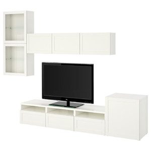 BESTÅ TV storage combination/glass doors, white/Hanviken white clear glass, 300x42x211 cm