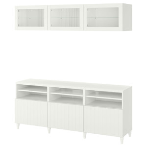 BESTÅ TV storage combination/glass doors, white/Sutterviken/Kabbarp white clear glass, 180x42x192 cm