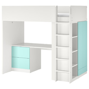 SMÅSTAD Loft bed, white pale turquoise/with desk with 3 drawers, 90x200 cm