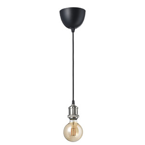 JÄLLBY / MOLNART Pendant lamp with light bulb, textile nickel-plated/globe brown clear glass