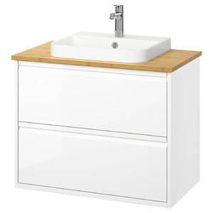 ÄNGSJÖN / BACKSJÖN Wash-stnd w drawers/wash-basin/tap, high-gloss white/bamboo, 82x49x71 cm