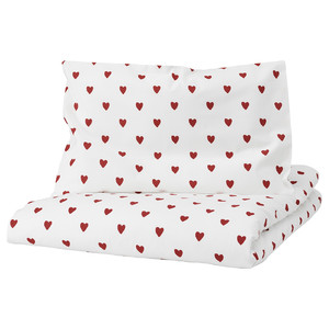 BARNDRÖM Duvet cover 1 pillowcase for cot, heart pattern/white red, 110x125/35x55 cm