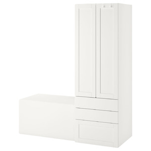 SMÅSTAD / PLATSA Storage combination, white with frame/with bench, 150x57x181 cm