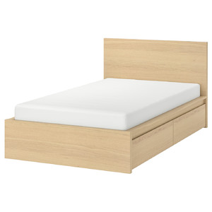 MALM Bed frame, high, w 2 storage boxes, white stained oak veneer, 120x200 cm