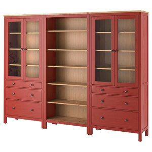 HEMNES Storage combination w doors/drawers, red stained/light brown stained, 270x197 cm