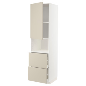 METOD / MAXIMERA Hi cab f micro w door/2 drawers, white/Havstorp beige, 60x60x220 cm