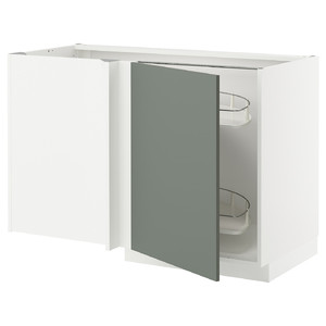 METOD Corner base cab w pull-out fitting, white/Nickebo matt grey-green, 128x68 cm