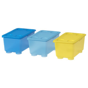 GLIS Box with lid, yellow, blue, 17x10 cm, 3 pack