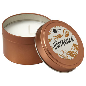 HÖSTAGILLE Scented candle in metal tin, Sandalwood & patchouli copper-colour, 17 hr