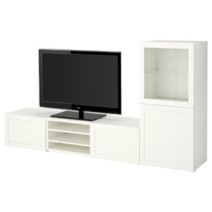 BESTÅ TV storage combination/glass doors, white/Hanviken white clear glass, 240x42x129 cm