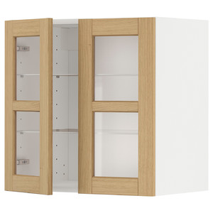 METOD Wall cabinet w shelves/2 glass drs, white/Forsbacka oak, 60x60 cm