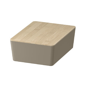 KUGGIS Box with lid, dark grey-beige/bamboo, 18x26x8 cm