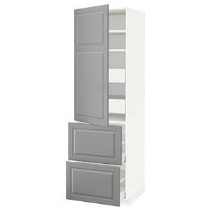 METOD / MAXIMERA Hi cab w shlvs/4 drawers/dr/2 frnts, white/Bodbyn grey, 60x60x200 cm