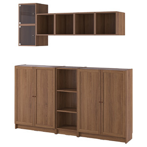 BILLY / EKET Storage combination with doors, brown walnut effect/clear glass