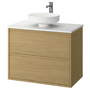 ÄNGSJÖN / LERSJÖN Wash-stnd w drawers/wash-basin/tap, oak effect/white marble effect, 82x49x79 cm