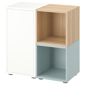 EKET Cabinet combination with feet, white/stained oak effect light grey-blue, 70x35x72 cm