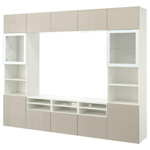 BESTÅ TV storage combination/glass doors, white/Selsviken high-gloss/beige clear glass, 300x42x231 cm
