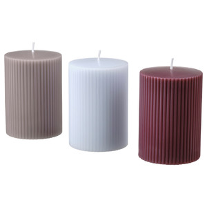 KOPPARLÖNN Scented pillar candle, almond & cherry/mixed colours, 30 hr, 3 pack