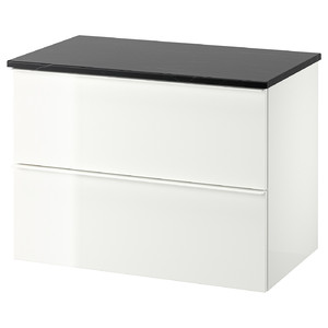 GODMORGON / TOLKEN Wash-stand with 2 drawers, high-gloss white/black marble effect, 82x49x60 cm