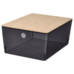 KUGGIS Box with lid, transparent black/bamboo, 26x35x15 cm