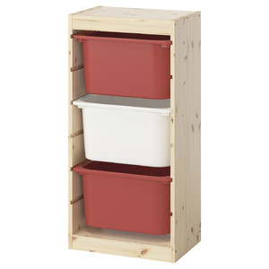 TROFAST Storage combination with boxes, light white stained pine/red white, 44x30x91 cm