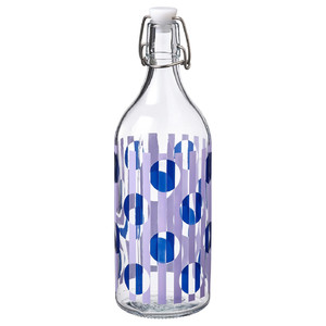 KORKEN Bottle with stopper, clear glass patterned/bright blue lilac, 1 l