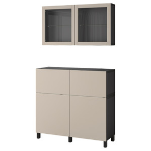 BESTÅ Storage combination w doors/drawers, black-brown Lappviken/Stubbarp/light grey-beige clear glass, 120x42x213 cm