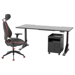UPPSPEL / GRUPPSPEL Desk, chair and drawer unit, black/grey, 180x80 cm