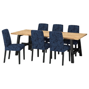 SKOGSTA / BERGMUND Table and 6 chairs, acacia/Kvillsfors dark blue/blue black, 235x100 cm