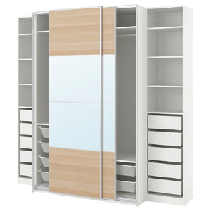 PAX / MEHAMN/AULI Wardrobe, white double sided/white stained oak effect mirror glass, 250x66x236 cm