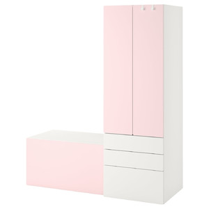 SMÅSTAD / PLATSA Storage combination, white pale pink/with bench, 150x57x181 cm