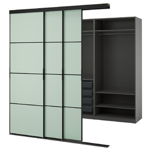 SKYTTA / PAX Walk-in wardrobe with sliding doors, black dark grey/Mehamn light green, 226x160x240 cm