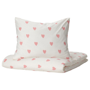 BARNDRÖM Duvet cover and pillowcase, heart pattern white, pink, 150x200/50x60 cm