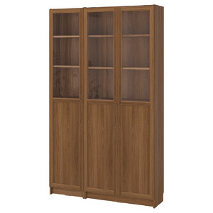 BILLY / OXBERG Bookcase comb w panel/glass doors, brown walnut effect, 120x30x202 cm