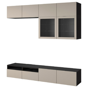 BESTÅ TV storage combination/glass doors, black-brown Sindvik/Lappviken light grey/beige, 240x42x231 cm