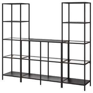 VITTSJÖ Storage combination, black-brown/glass, 202x36x175 cm