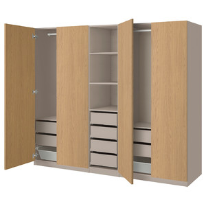 PAX / STORKLINTA Wardrobe combination, grey-beige/oak effect, 250x58x201 cm