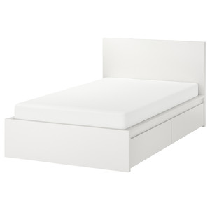 MALM Bed frame, high, w 2 storage boxes, white, 120x200 cm