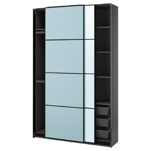 PAX / MEHAMN/AULI Wardrobe with sliding doors, dark grey double sided/light blue mirror glass, 150x44x236 cm