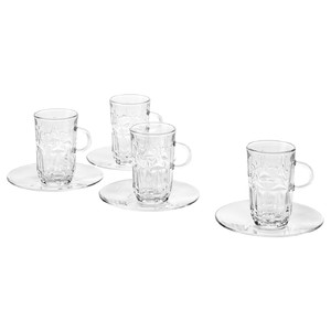 SÄLLSKAPLIG Cup with saucer, clear glass/patterned, 7 cl, 4 pack