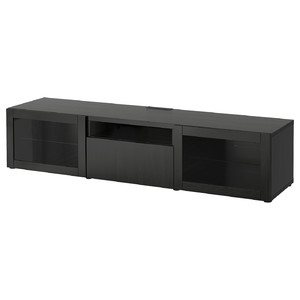 BESTÅ TV bench, black-brown, Lappviken black-brown clear glass, 180x42x39 cm