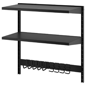 BROR Wall shelf combination, with hooks/2 shelves/black, 88x45x90 cm