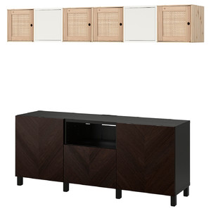 BESTÅ / EKET TV cabinet combination, black-brown pine/dark brown stained oak veneer, 210x42x220 cm
