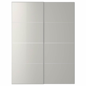 HOKKSUND Pair of sliding doors, high-gloss light grey, 150x201 cm