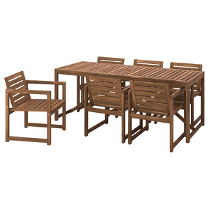 NÄMMARÖ Table+6 chairs w armrests, outdoor, light brown stained, 200 cm