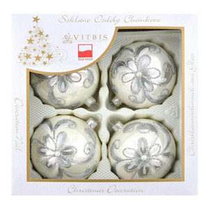 Christmas Baubles 10cm 4pcs, glass, white, silver