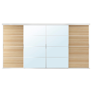 SKYTTA / MEHAMN/AULI Sliding door combination, aluminium/white stained oak effect mirror glass, 401x205 cm