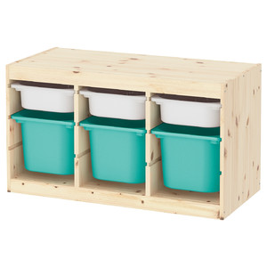 TROFAST Storage combination with boxes, light white stained pine white/turquoise, 93x44x52 cm