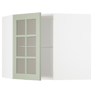 METOD Corner wall cab w shelves/glass dr, white/Stensund light green, 68x60 cm